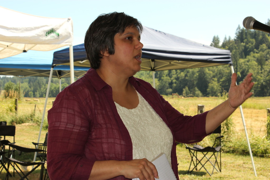 Jeanette Dorner, of the Puget Sound Partnership, recognized the importance of the Ohop Valley Restoration in the context of the Nisqually Watershed and the health of Puget Sound. Photo credit: Emmett O'Connell